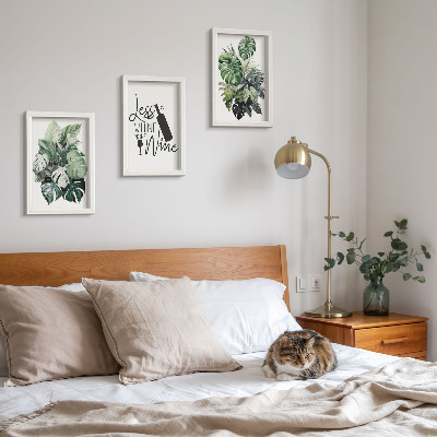 3-piece wall art set Plant leaves in shades of green with the inscription about wine