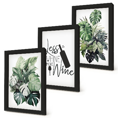 3-piece wall art set Plant leaves in shades of green with the inscription about wine