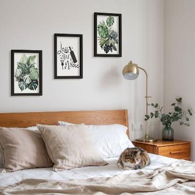 3-piece wall art set Plant leaves in shades of green with the inscription about wine