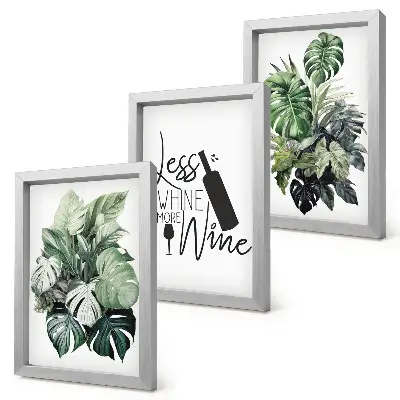 3-piece wall art set green plant leaves with wine inscription
