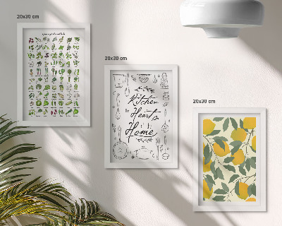 Photo frame wall List of herbs, kitchen sign, and painted lemons