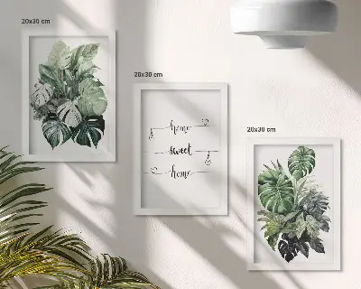 3-piece wall art set featuring watercolor monstera leaves and home sweet home text