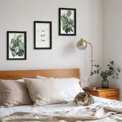 3-piece wall art set featuring watercolor monstera leaves and home sweet home text