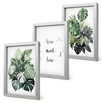 3-piece wall art set featuring watercolor monstera leaves and home sweet home text