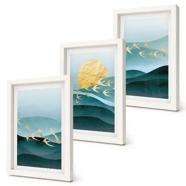 Photo frame wall with abstract landscapes of sun waves and flying birds