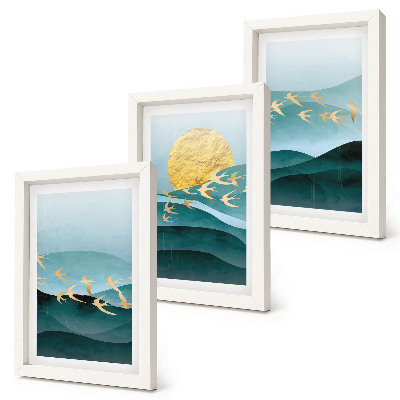 Photo frame wall Abstract landscapes of sun waves and flying birds