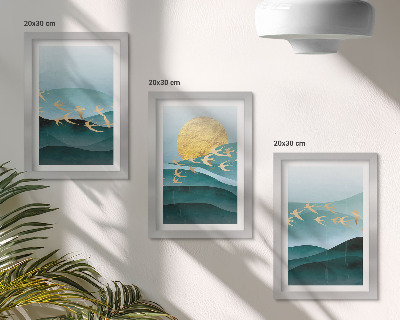 Photo frame wall Abstract landscapes of sun waves and flying birds