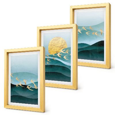Photo frame wall Abstract landscapes of sun waves and flying birds