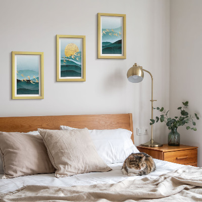 Photo frame wall Abstract landscapes of sun waves and flying birds