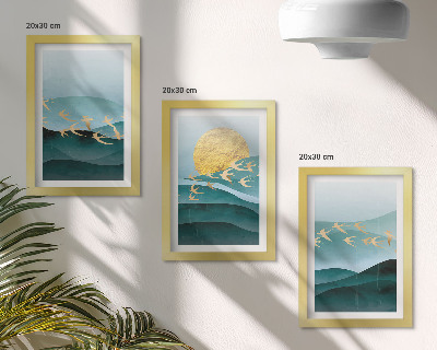 Photo frame wall Abstract landscapes of sun waves and flying birds