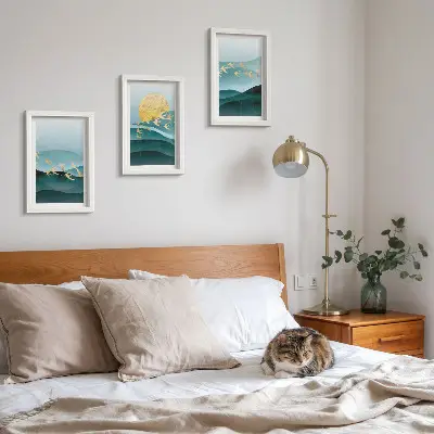 Photo frame wall with abstract landscapes of sun waves and flying birds