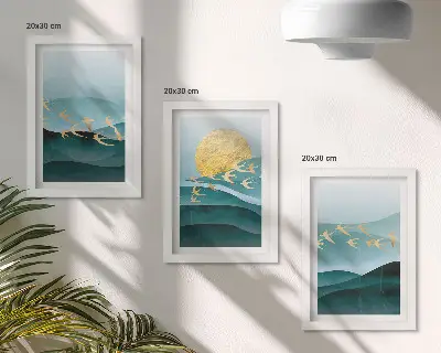 Photo frame wall with abstract landscapes of sun waves and flying birds