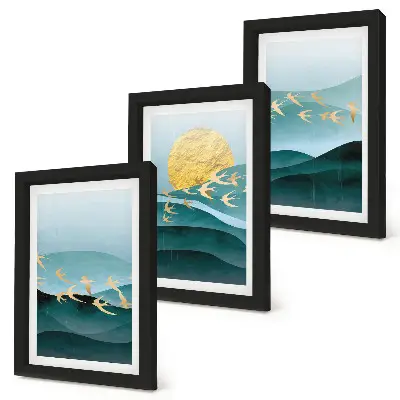 Photo frame wall with abstract landscapes of sun waves and flying birds