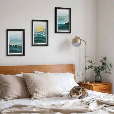 Photo frame wall with abstract landscapes of sun waves and flying birds