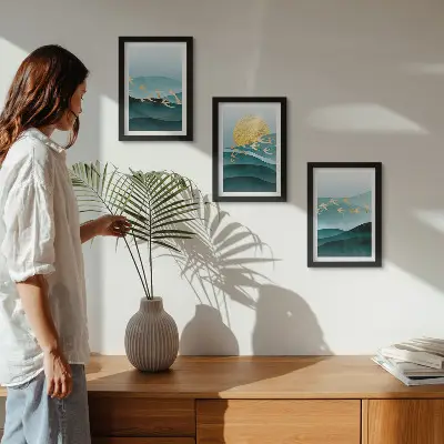 Photo frame wall with abstract landscapes of sun waves and flying birds
