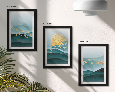 Photo frame wall Abstract landscapes of sun waves and flying birds