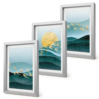 Photo frame wall with abstract landscapes of sun waves and flying birds