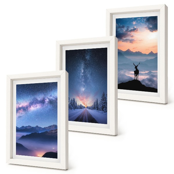 Framed triptych Night sky, mountains, landscapes in the fog and deer