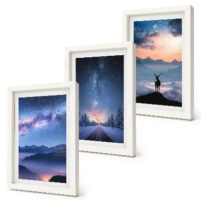 Framed triptych night sky with mountains, landscapes in the fog, and deer