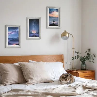 Framed triptych night sky with mountains, landscapes in the fog, and deer
