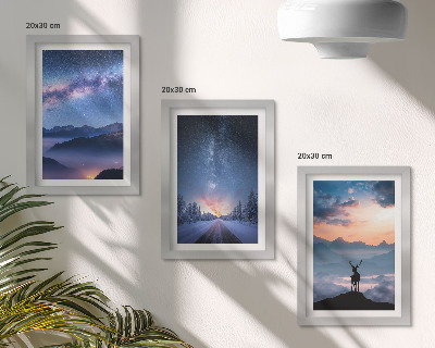 Framed triptych Night sky, mountains, landscapes in the fog and deer