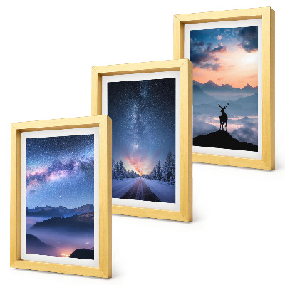 Framed triptych Night sky, mountains, landscapes in the fog and deer