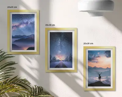 Framed triptych night sky with mountains, landscapes in the fog, and deer