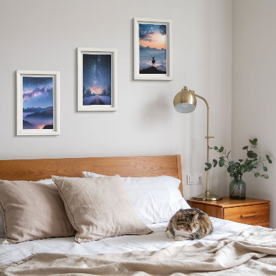 Framed triptych Night sky, mountains, landscapes in the fog and deer