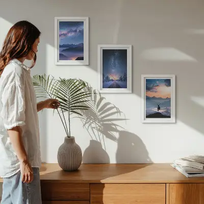 Framed triptych night sky with mountains, landscapes in the fog, and deer