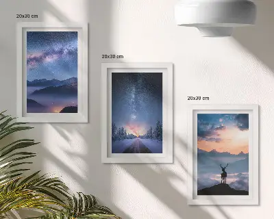 Framed triptych night sky with mountains, landscapes in the fog, and deer