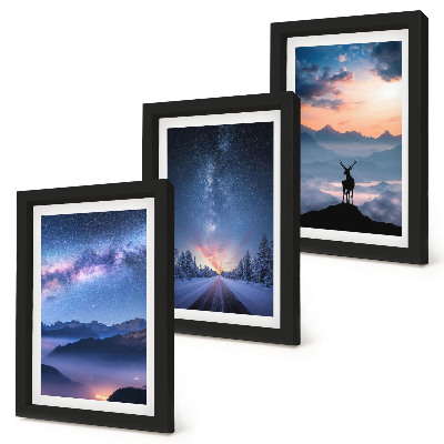 Framed triptych Night sky, mountains, landscapes in the fog and deer