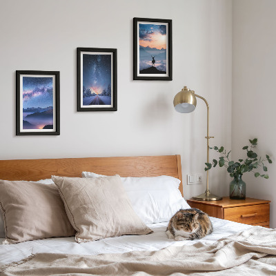 Framed triptych Night sky, mountains, landscapes in the fog and deer