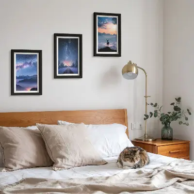 Framed triptych night sky with mountains, landscapes in the fog, and deer