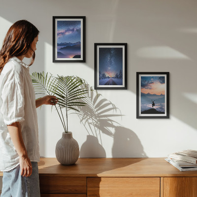Framed triptych Night sky, mountains, landscapes in the fog and deer