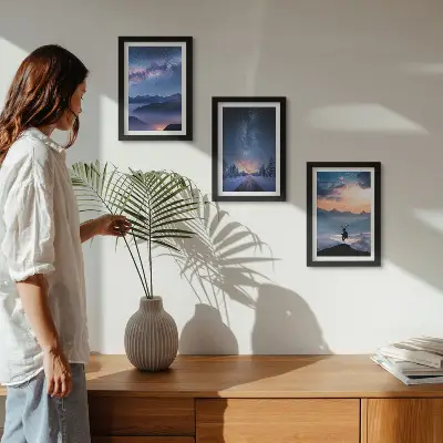 Framed triptych night sky with mountains, landscapes in the fog, and deer