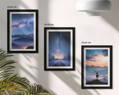 Framed triptych Night sky, mountains, landscapes in the fog and deer