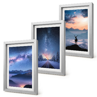 Framed triptych Night sky, mountains, landscapes in the fog and deer
