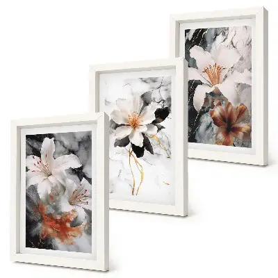 3-piece wall art set featuring flowers on a marble background in shades of white and black