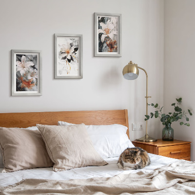 3-piece wall art set Flowers on a marble background in shades of white and black