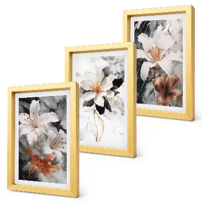 3-piece wall art set featuring flowers on a marble background in shades of white and black