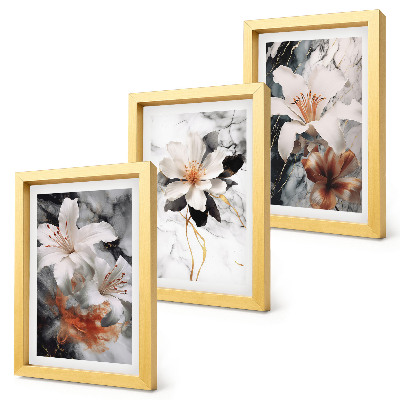 3-piece wall art set Flowers on a marble background in shades of white and black