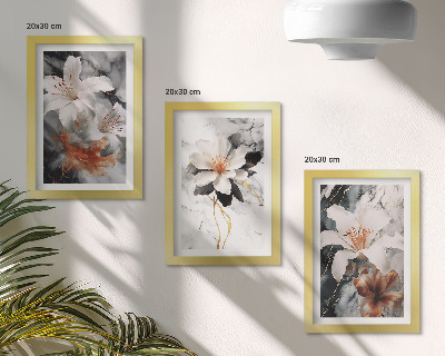 3-piece wall art set Flowers on a marble background in shades of white and black