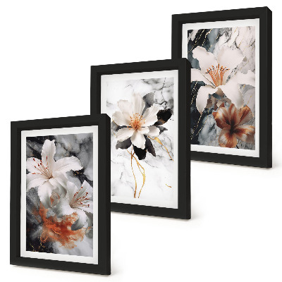 3-piece wall art set Flowers on a marble background in shades of white and black