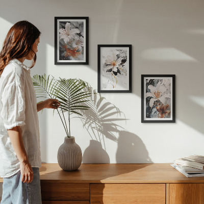3-piece wall art set Flowers on a marble background in shades of white and black