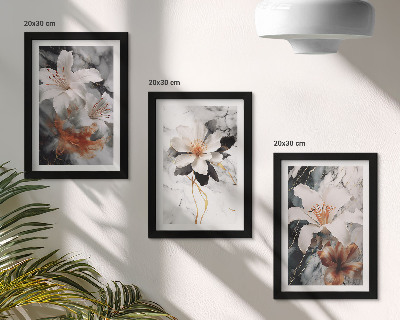 3-piece wall art set Flowers on a marble background in shades of white and black