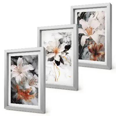 3-piece wall art set featuring flowers on a marble background in shades of white and black