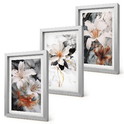 3-piece wall art set Flowers on a marble background in shades of white and black
