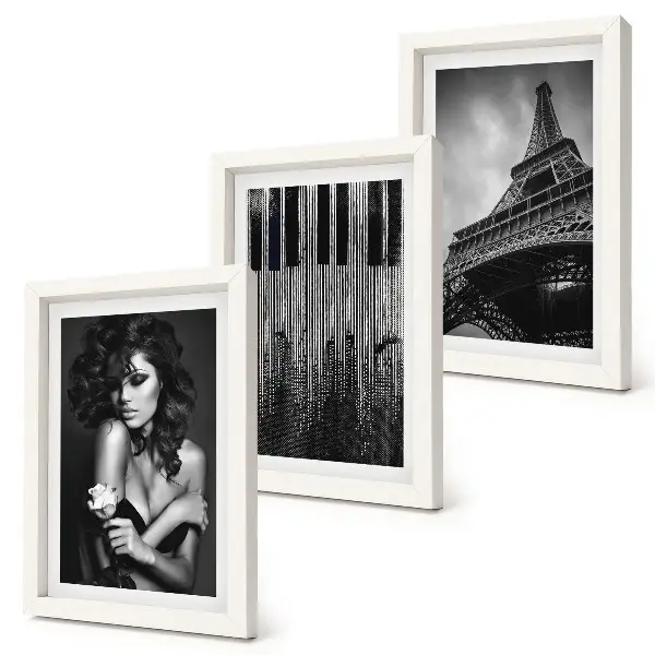 Framed triptych Portrait of a woman with a rose, the Eiffel Tower, and a piano pattern