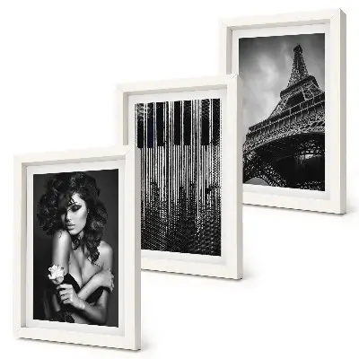 Framed triptych Portrait of a woman with a rose, the Eiffel Tower, and a piano pattern