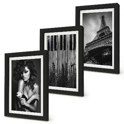 Framed triptych Portrait of a woman with a rose, the Eiffel Tower, and a piano pattern